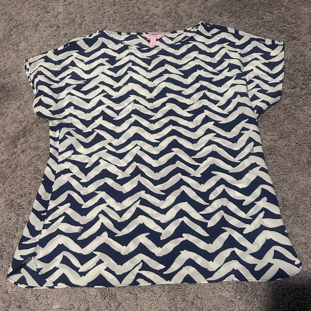 Lilly Pulitzer Womens 100% Silk Popover Top Short Sleeve Blue White Artsy Resort